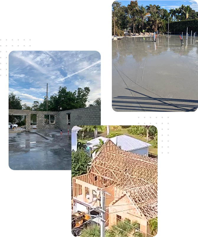 A collage of photos with buildings and water.