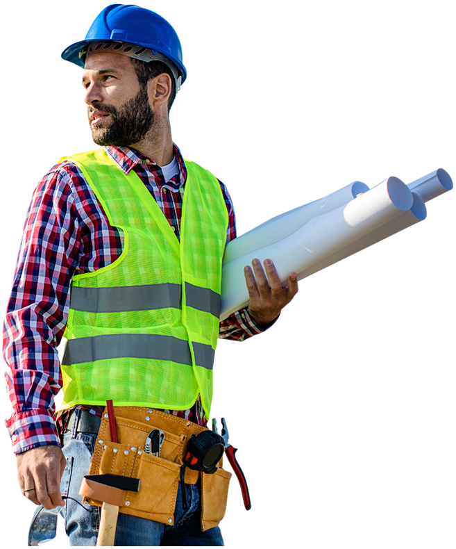 A contractor looking back while holding the blueprint of a house.