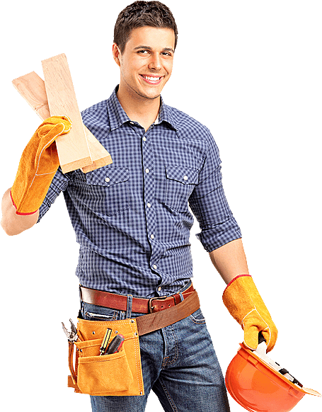 A carpenter smiling while holding a wooden plank and the other hand a helmet.